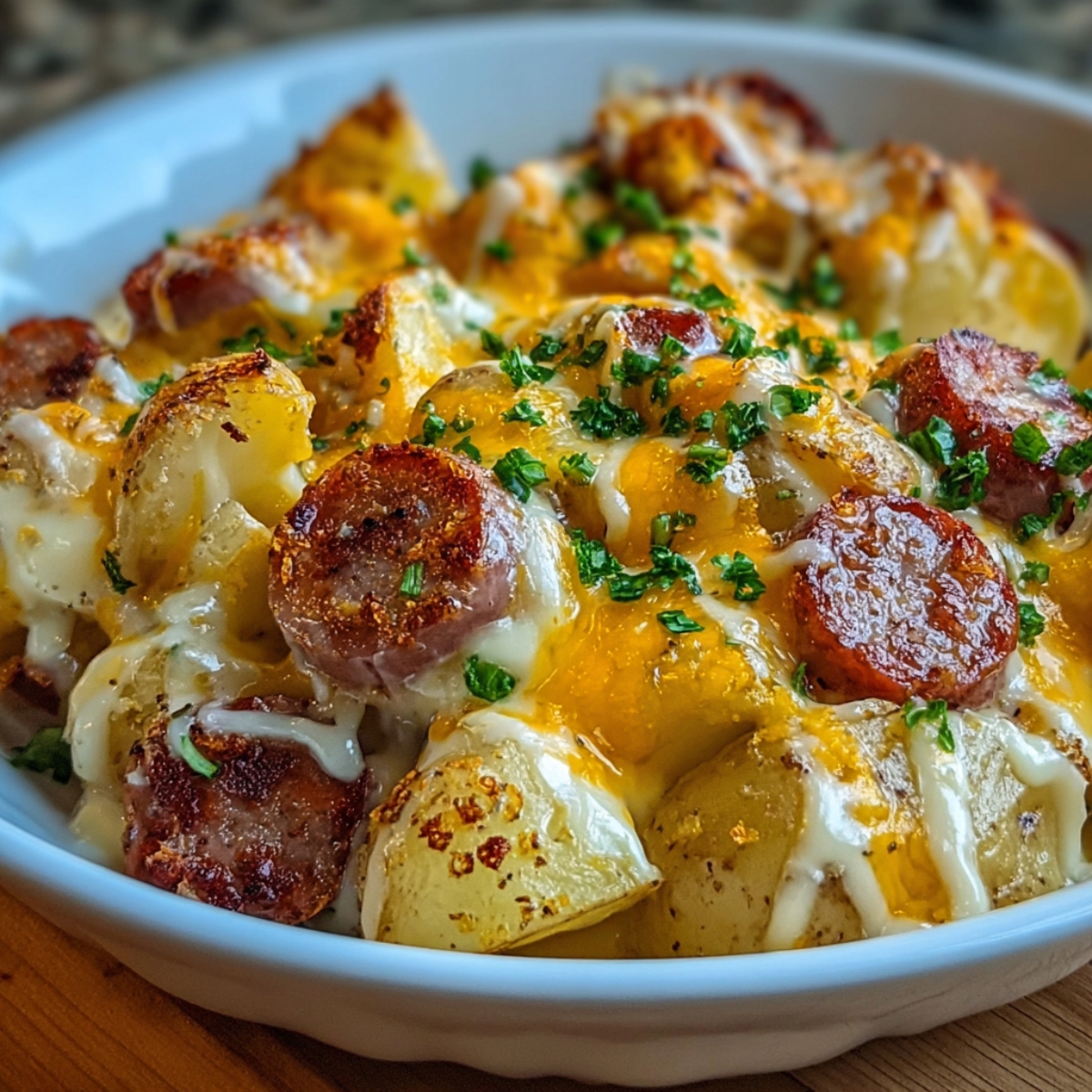 Close-up of baked Cheesy Ranch Potatoes And Sausage with melted cheese, sausage browned and topped with parsley.