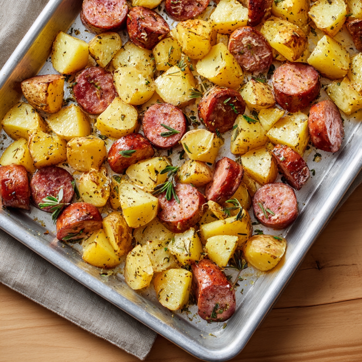 Metal sheet pan with roasted sausage and potatoes, seasoned with fresh herbs such as rosemary.