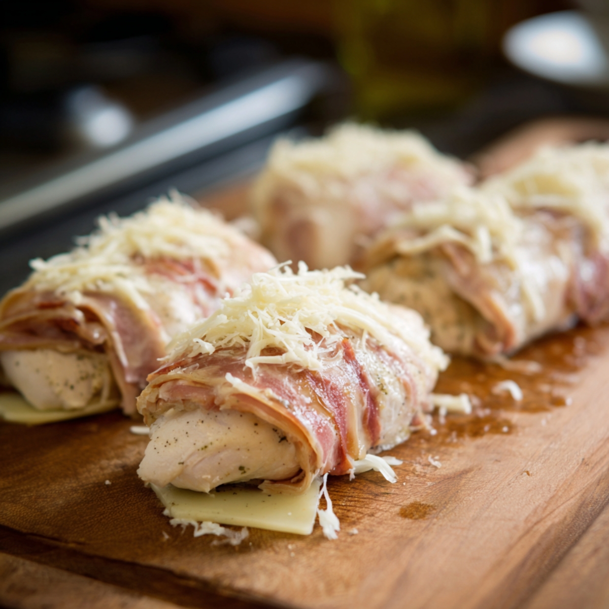 Chicken breasts laid on a wooden board, stuffed with ham and cheese, and wrapped in bacon, ready for cooking.