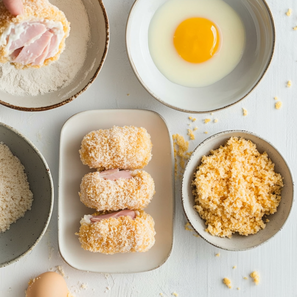A hand dips a ham-and-cheese stuffed chicken roll into flour, next to bowls of egg wash, breadcrumbs, and panko on a white table.