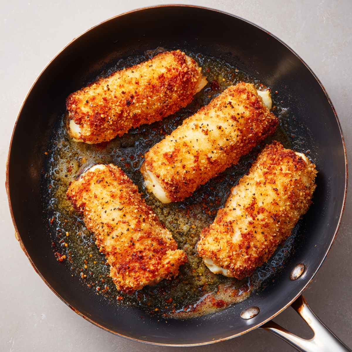 Golden-brown chicken cordon bleu rolls are sizzling in a frying pan with bubbling oil and seasoning.