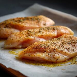 Three raw chicken breasts seasoned with salt, pepper, and herbs sit on parchment paper with a drizzle of oil.