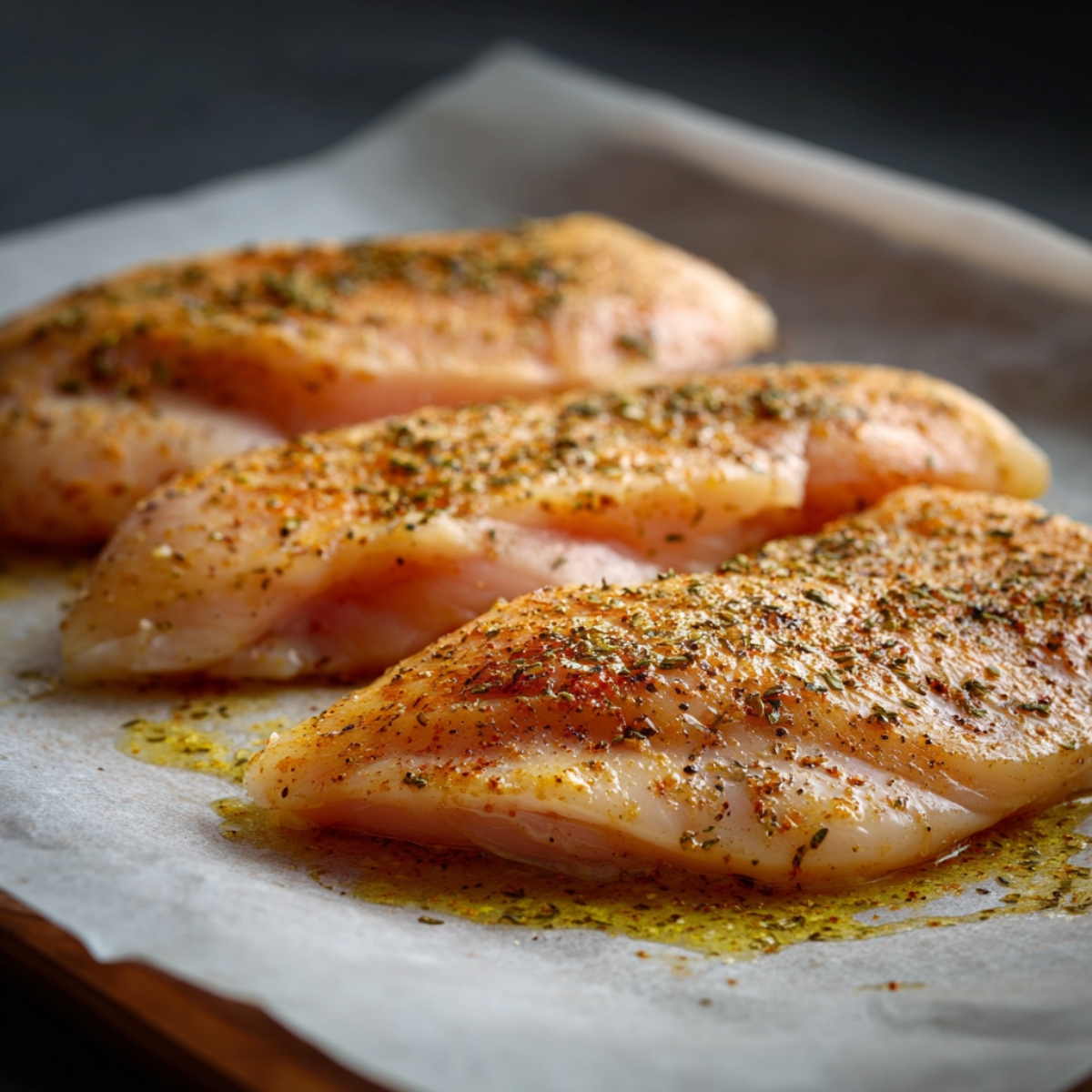 Three raw chicken breasts seasoned with salt, pepper, and herbs sit on parchment paper with a drizzle of oil.