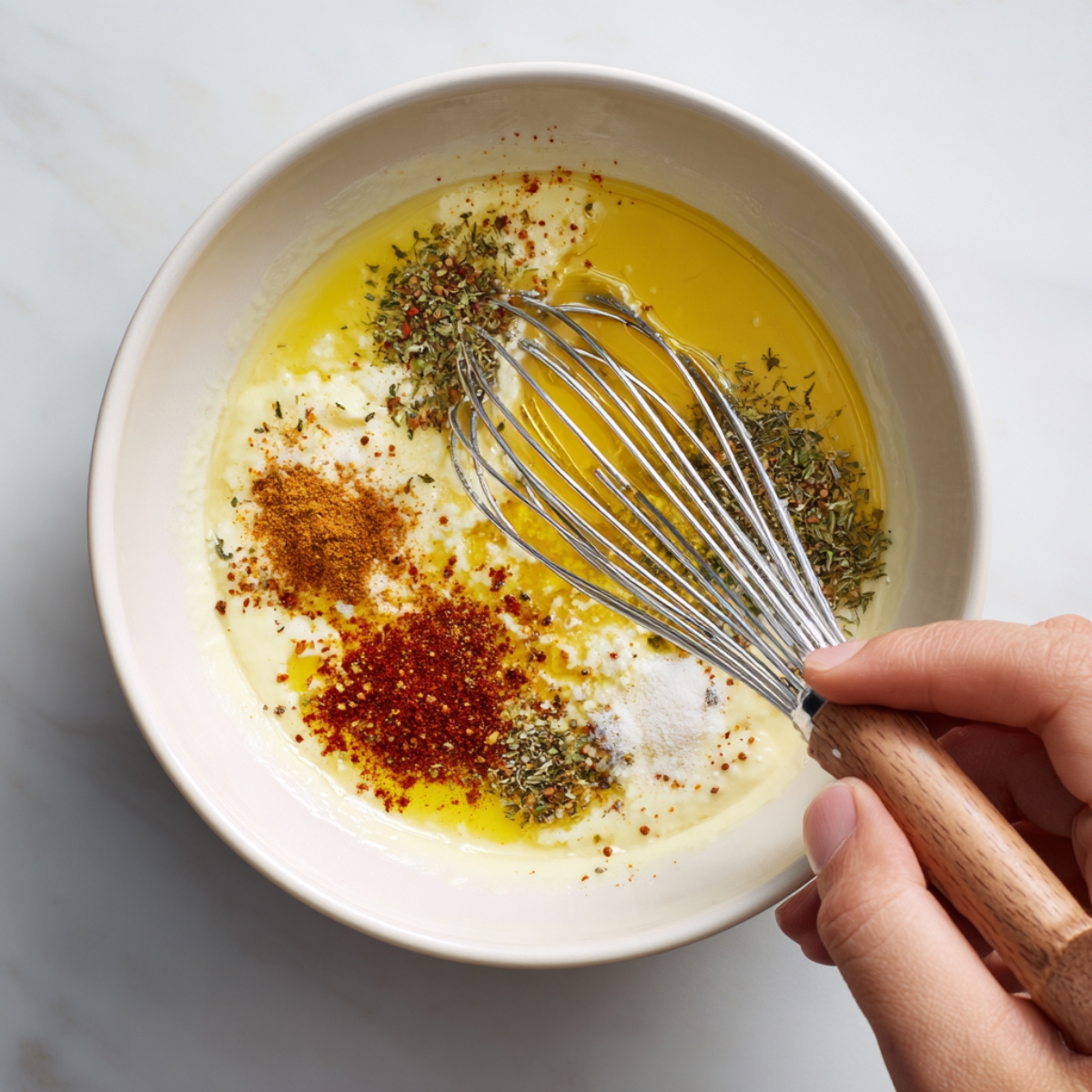 Raw chicken cubes being mixed with yogurt, lemon juice, garlic, onion, and spices in a bowl.