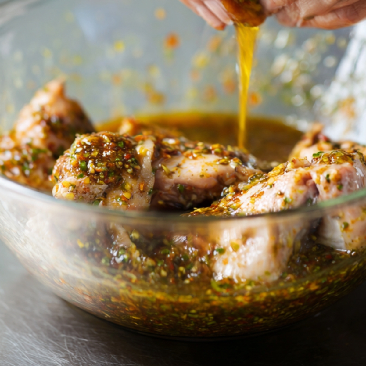 Step showing marinated chicken pieces threaded onto skewers, ready for grilling.