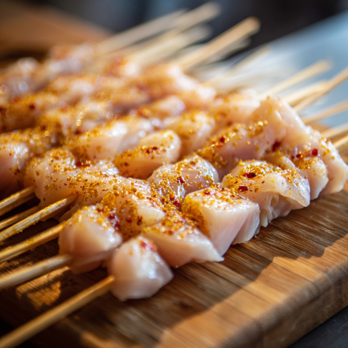 Cooked chicken kebabs arranged on a plate with fresh herbs and dipping sauce on the side.