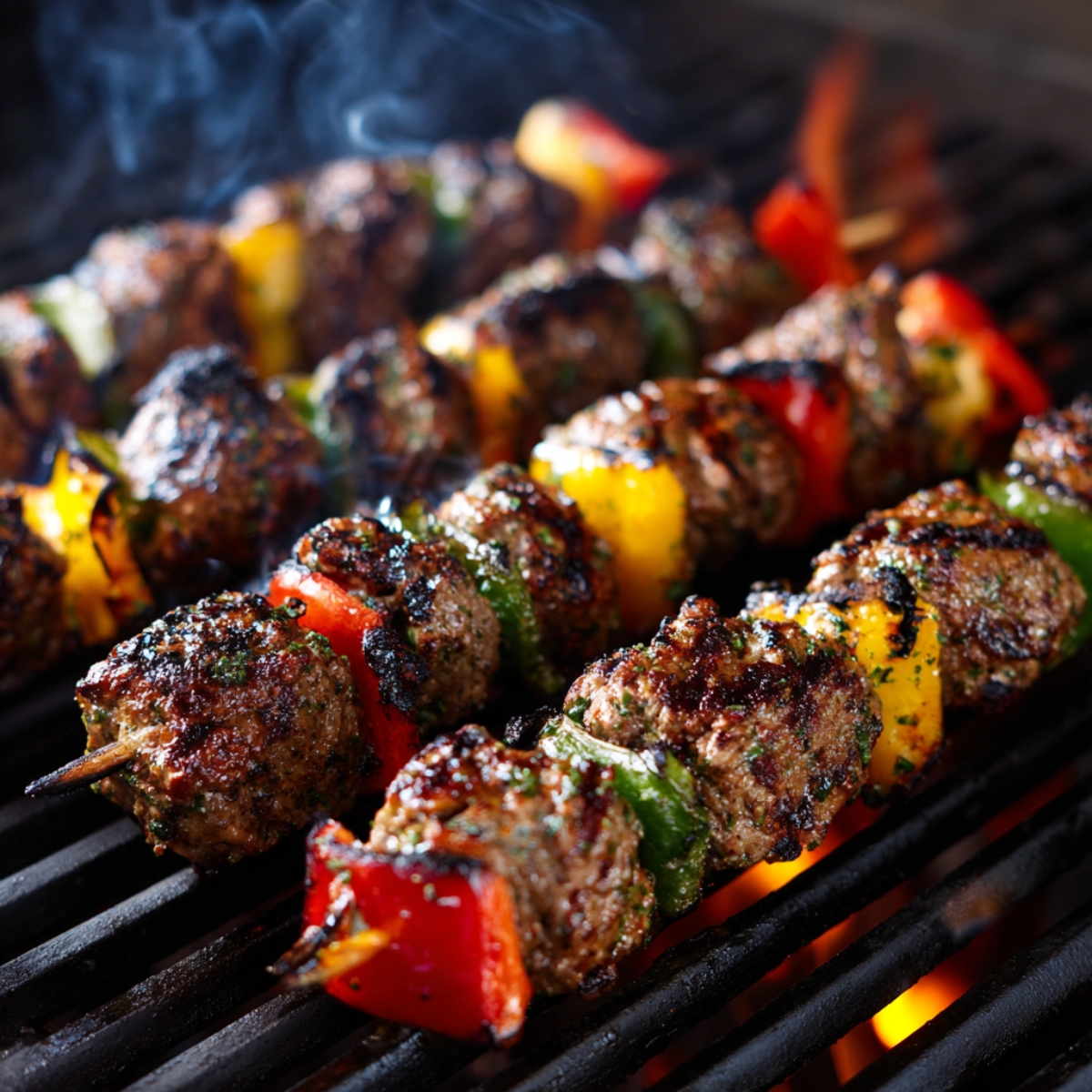 Chicken kebabs grilling over open flame on skewers with golden char marks and smoke rising.