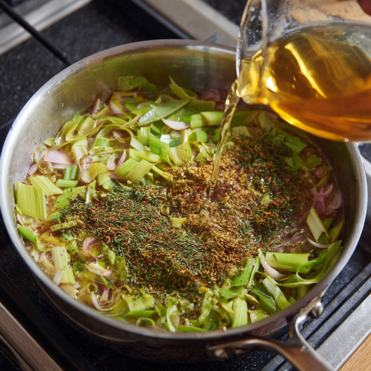 A stainless steel pan on the stove filled with sliced leeks, herbs, and spices, with golden liquid being poured in for deglazing.