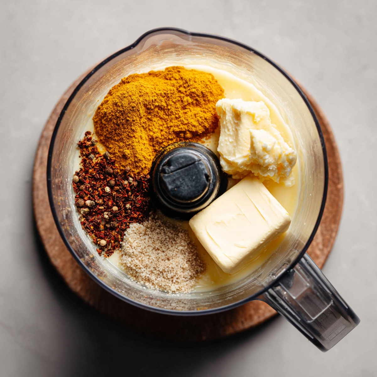 A food processor bowl containing butter, ground turmeric, crushed red pepper flakes, breadcrumbs, and other spices before blending.