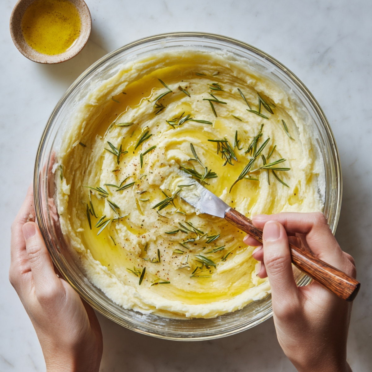 A glass mixing bowl filled with smooth, creamy mixture swirled with melted butter and sprinkled with rosemary leaves, with hands holding an offset spatula to smooth the surface; a small bowl of melted butter sits nearby.