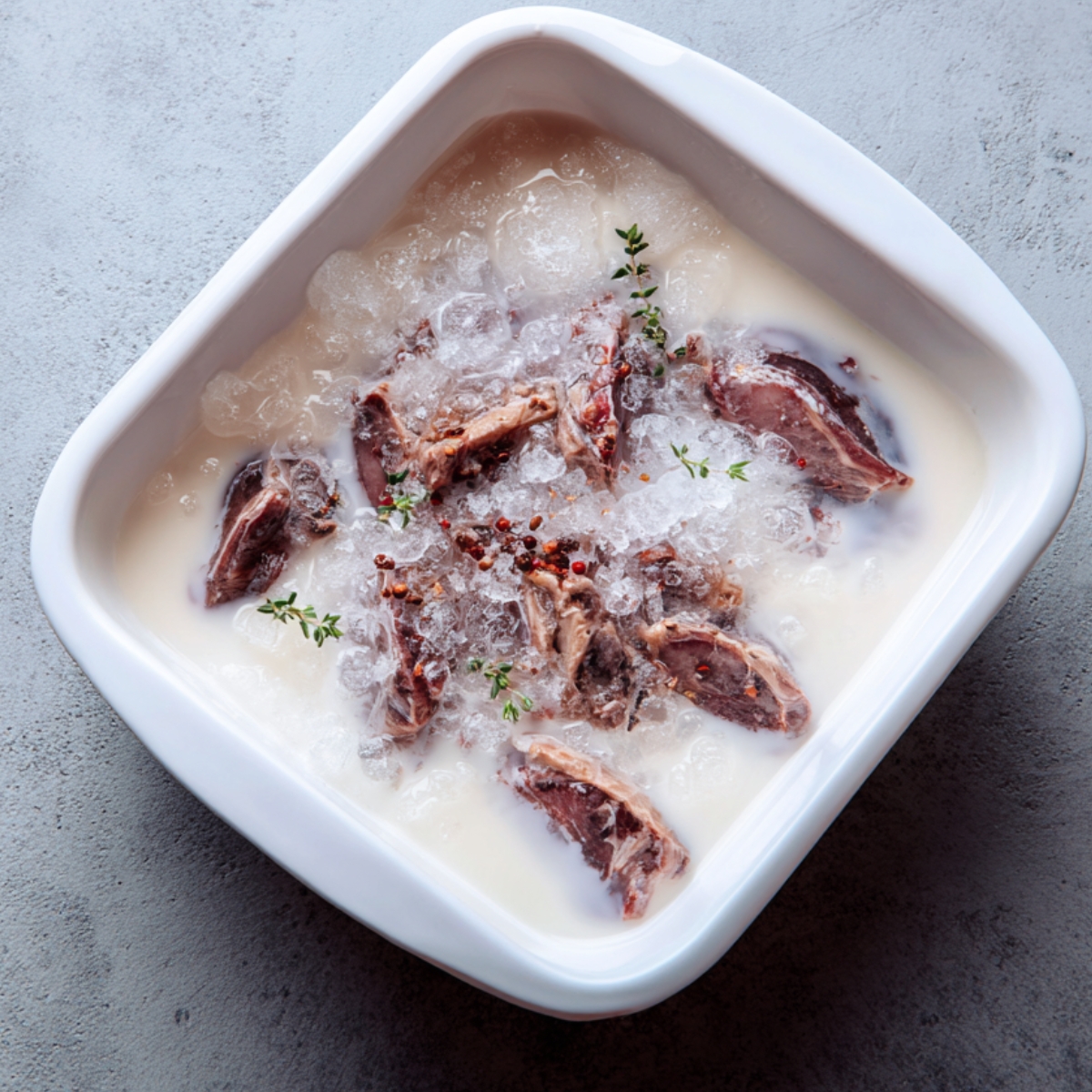 A white dish containing chicken livers soaking in milk and ice, garnished with thyme sprigs and peppercorns.