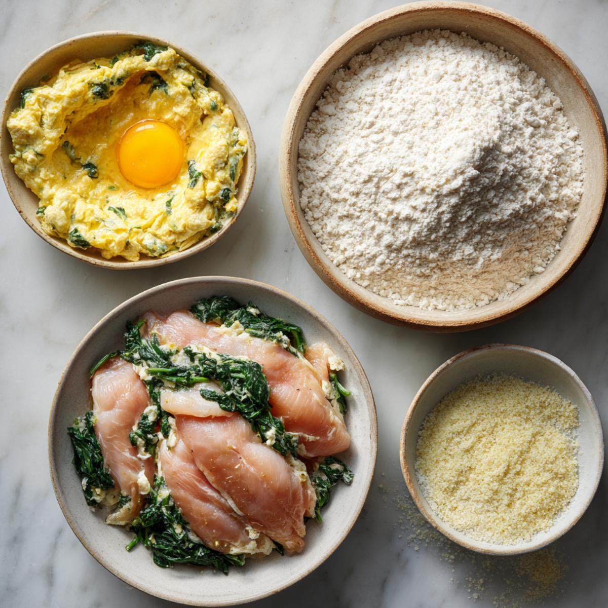 Prep bowls on a marble surface showing flour, a beaten egg mixture with spinach, raw chicken layered with spinach and cheese, and a dish of parmesan.