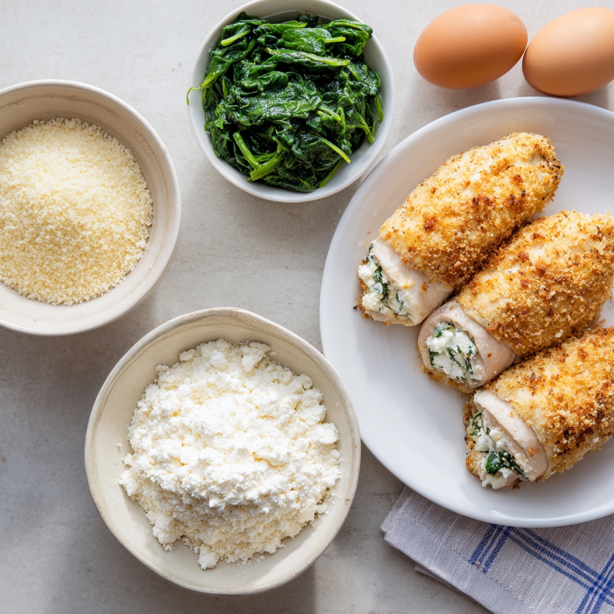 Ingredients on a table—bowls of spinach, ricotta, parmesan, eggs, and a plate with breadcrumb-coated chicken rolls stuffed with cheese and spinach.