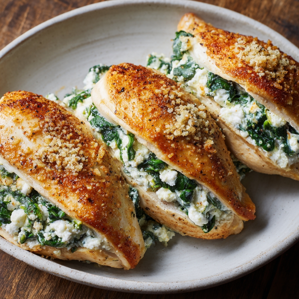 Baked chicken breasts stuffed with ricotta and spinach, topped with golden breadcrumbs, arranged on a white plate.