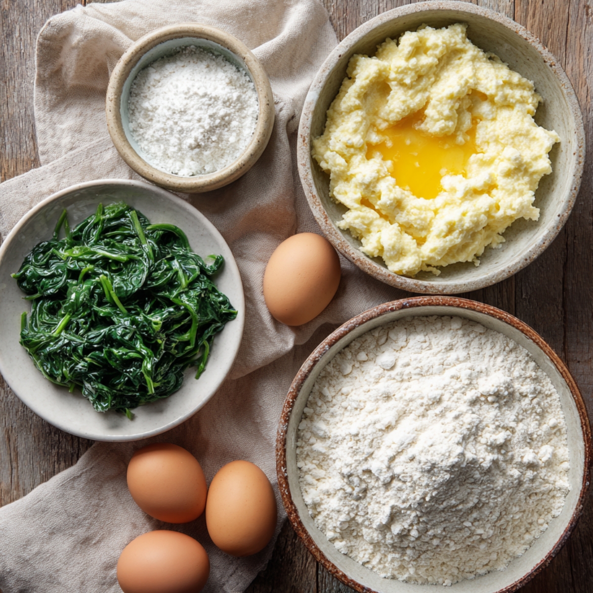 Wooden table setup with bowls of flour, ricotta mixture with an egg, sautéed spinach, whole eggs, and more flour for breading.