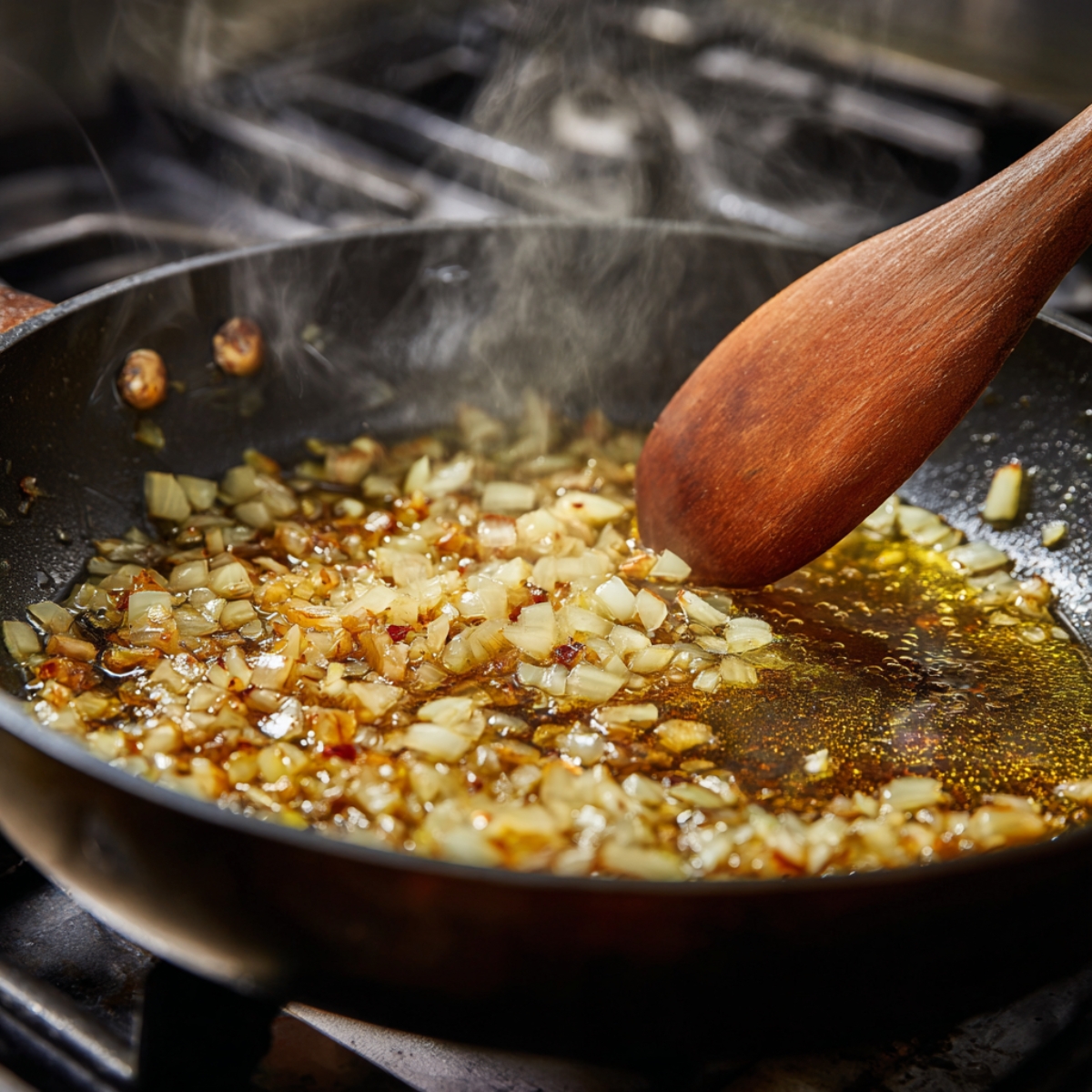 Pan of tomato paste being stirred, crushed tomatoes and coconut milk slowly blending into a rich sauce.