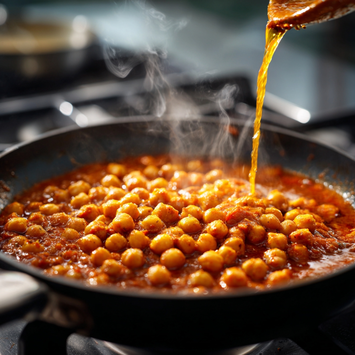 Top-down view of a cooking pan on the stove with coconut oil shimmering, cumin seeds sizzling, and spices nearby.