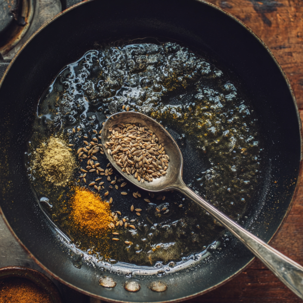 Golden chickpeas being added into a simmering creamy tikka masala sauce with steam rising.