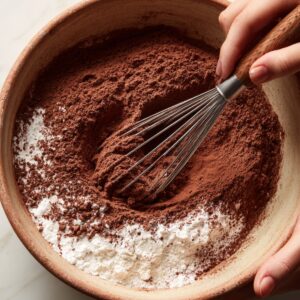 Brown bowl with flour and cocoa powder being whisked to remove lumps.