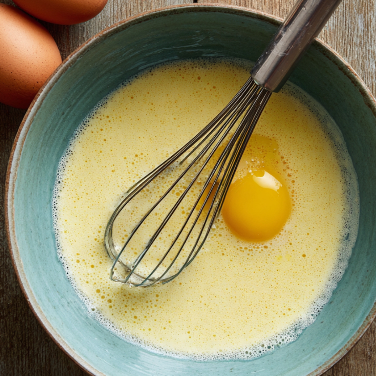 Blue bowl with whisked eggs and a whisk, with two whole eggs on a wooden table.