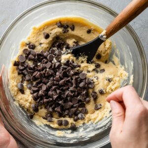 Person mixing batter with chocolate chips in a glass bowl using a spatula.