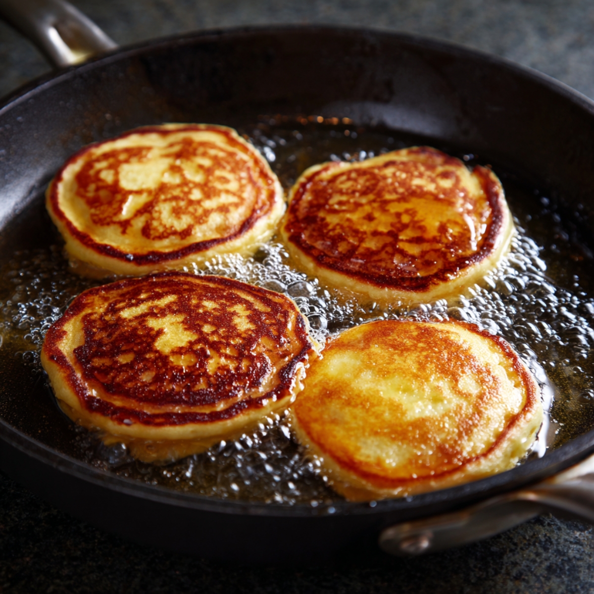 Four golden pancakes cooking in a skillet over medium heat.