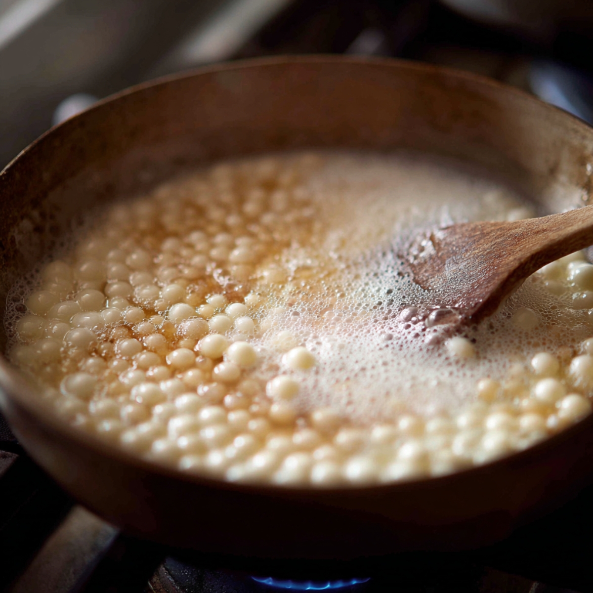 Small tapioca pearls boiling in a pan of frothy liquid, being stirred with a wooden spoon over a gas flame.