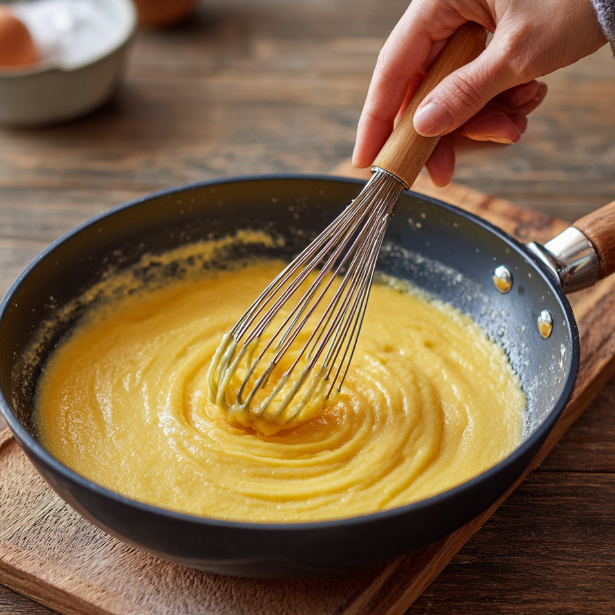 Hand whisking a thick yellow pudding mixture in a nonstick pan on a wooden board, with eggs and ingredients blurred in the background.