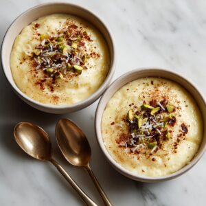 topped with shredded coconut, chopped pistachios, and a dusting of cinnamon, with two gold spoons on the side.
