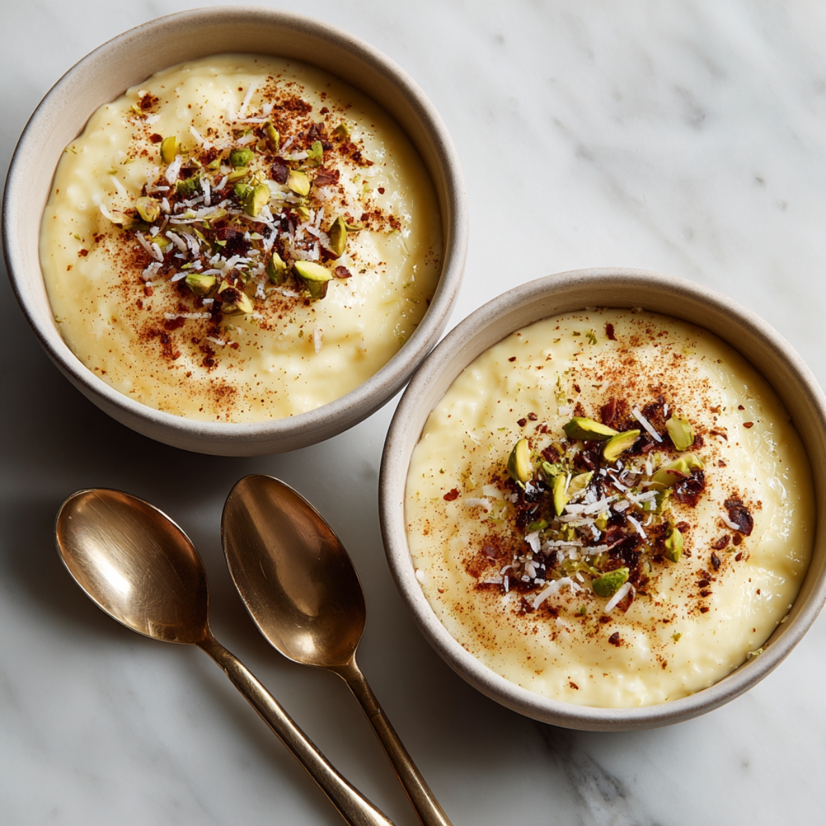 topped with shredded coconut, chopped pistachios, and a dusting of cinnamon, with two gold spoons on the side.