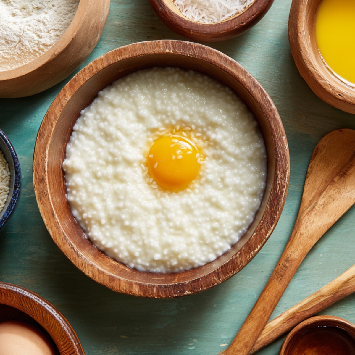 Assorted pudding ingredients in wooden bowls, including a raw egg in a bowl of tapioca pearls, flour, shredded coconut, melted butter, rice, and whole eggs.
