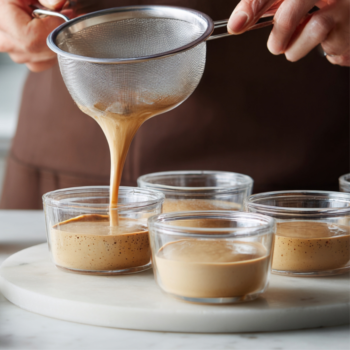 A person in a brown apron strains a creamy coffee mixture into small glass bowls. The liquid pours smoothly through a fine mesh strainer, filling each container on a round marble tray. A jar of milk and folded napkin sit nearby, creating a calm, precise kitchen prep moment.