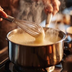 Hands vigorously whisk a steaming mixture in a stainless steel pot on the stove. The liquid is frothy and thickening, with warm light casting a cozy glow on the scene, capturing the intensity of the whisking step in dessert making.