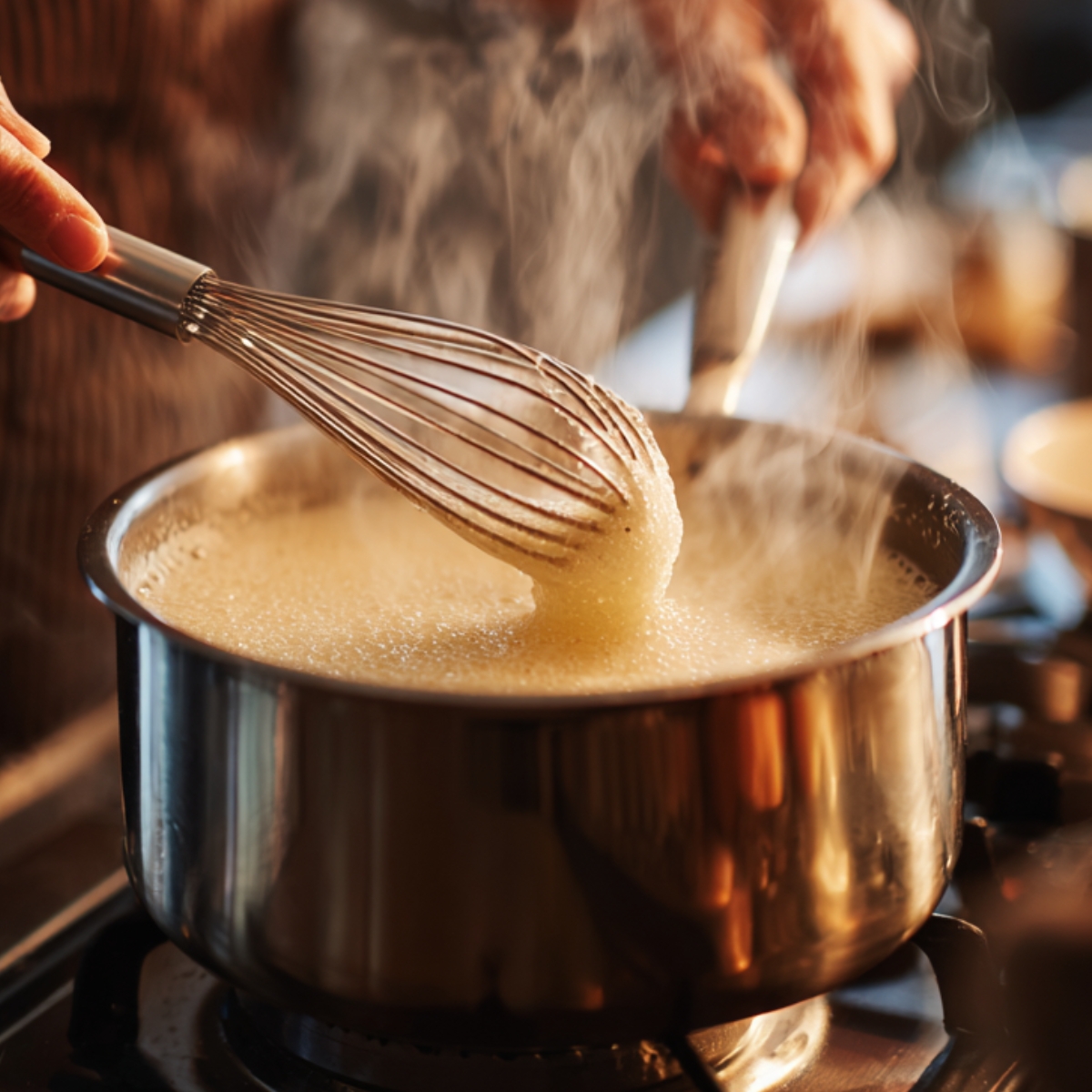 Hands vigorously whisk a steaming mixture in a stainless steel pot on the stove. The liquid is frothy and thickening, with warm light casting a cozy glow on the scene, capturing the intensity of the whisking step in dessert making.