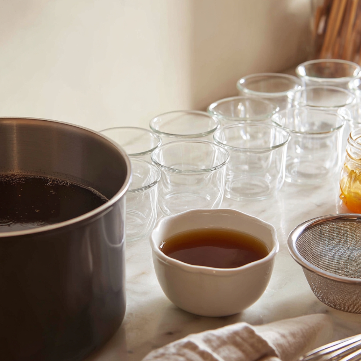 A countertop setup for dessert prep: a pot of brewed coffee, a small bowl of bloomed gelatin, an empty strainer, and a row of clear glass ramekins lined up and ready. Soft natural light fills the space, suggesting a peaceful, early step in the process.