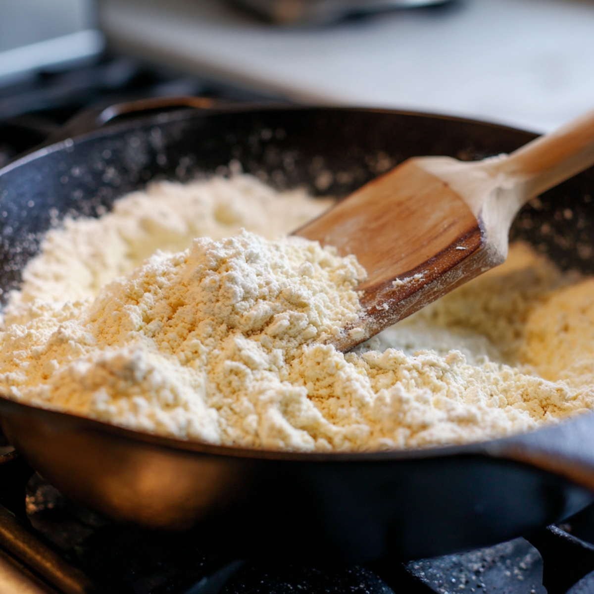 Dry ingredients being mixed in a black cast iron skillet using a wooden spatula, preparing for a baking recipe.