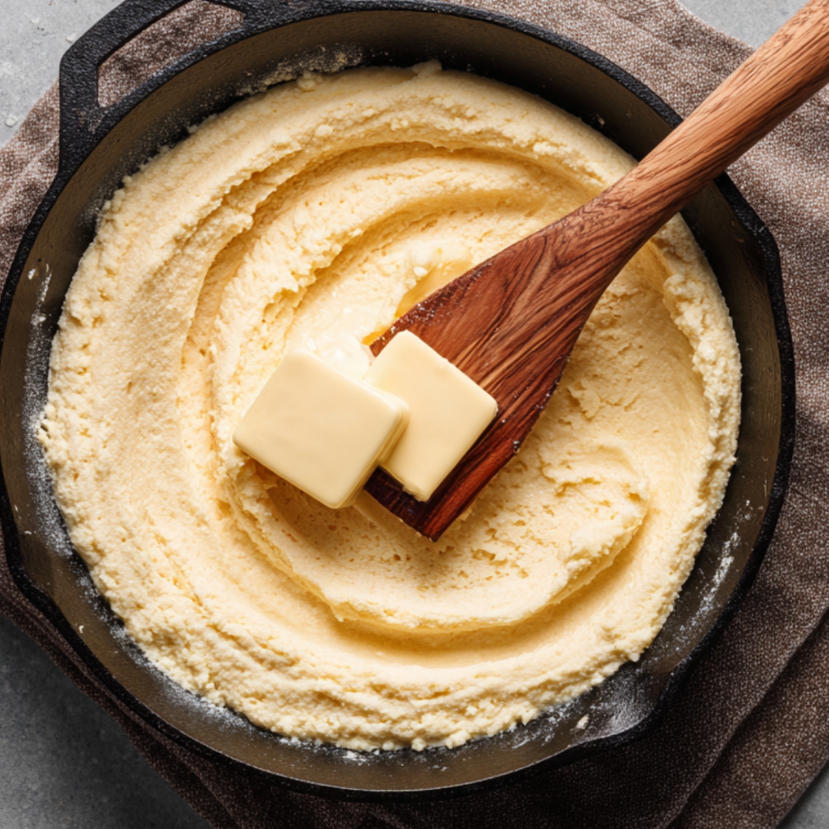 Unbaked cornbread batter spread evenly in a cast iron skillet with cubes of butter melting on top, ready to go into the oven.