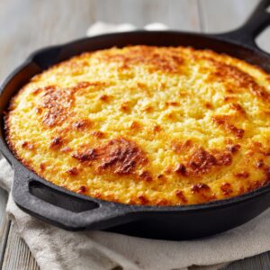 Golden brown cornbread baked in a cast iron skillet, resting on a light cloth napkin, showing a crisp top and soft texture.