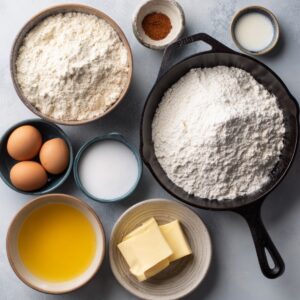 Top-down view of baking ingredients including flour, eggs, butter, sugar, milk, and a cast iron pan filled with flour, ready for mixing.