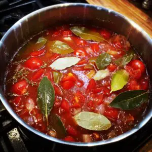 Tomato-based broth simmering in a stockpot with chunks of tomatoes, onions, and herbs. Whole bay leaves float on top, infusing flavor into the vibrant red soup base.