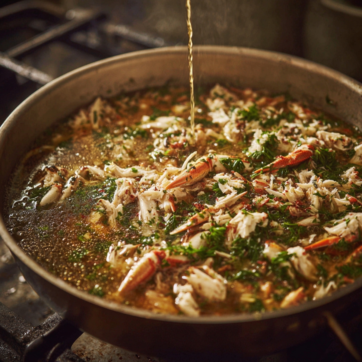 Large sauté pan filled with a hot seafood broth simmering on the stove, topped with chunks of crab meat, herbs, and spices. A stream of liquid, likely wine or broth, is being poured into the pan for flavor.