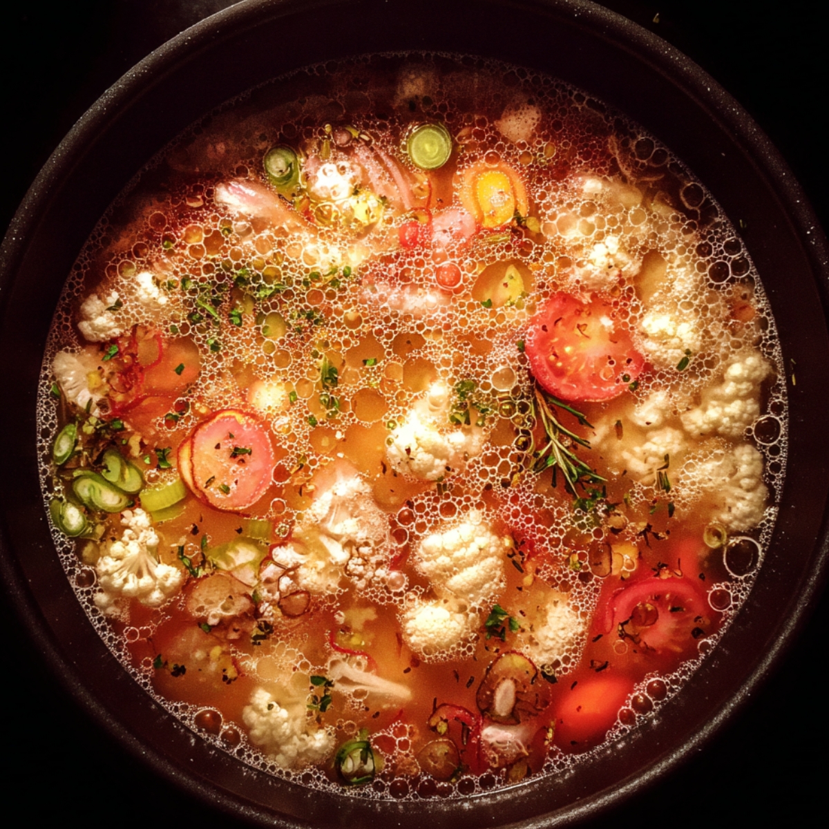 Top-down view of a bubbling pot of vegetable soup with floating slices of tomato, green onions, cauliflower florets, carrots, and herbs in a golden broth, with visible oil bubbles on the surface.