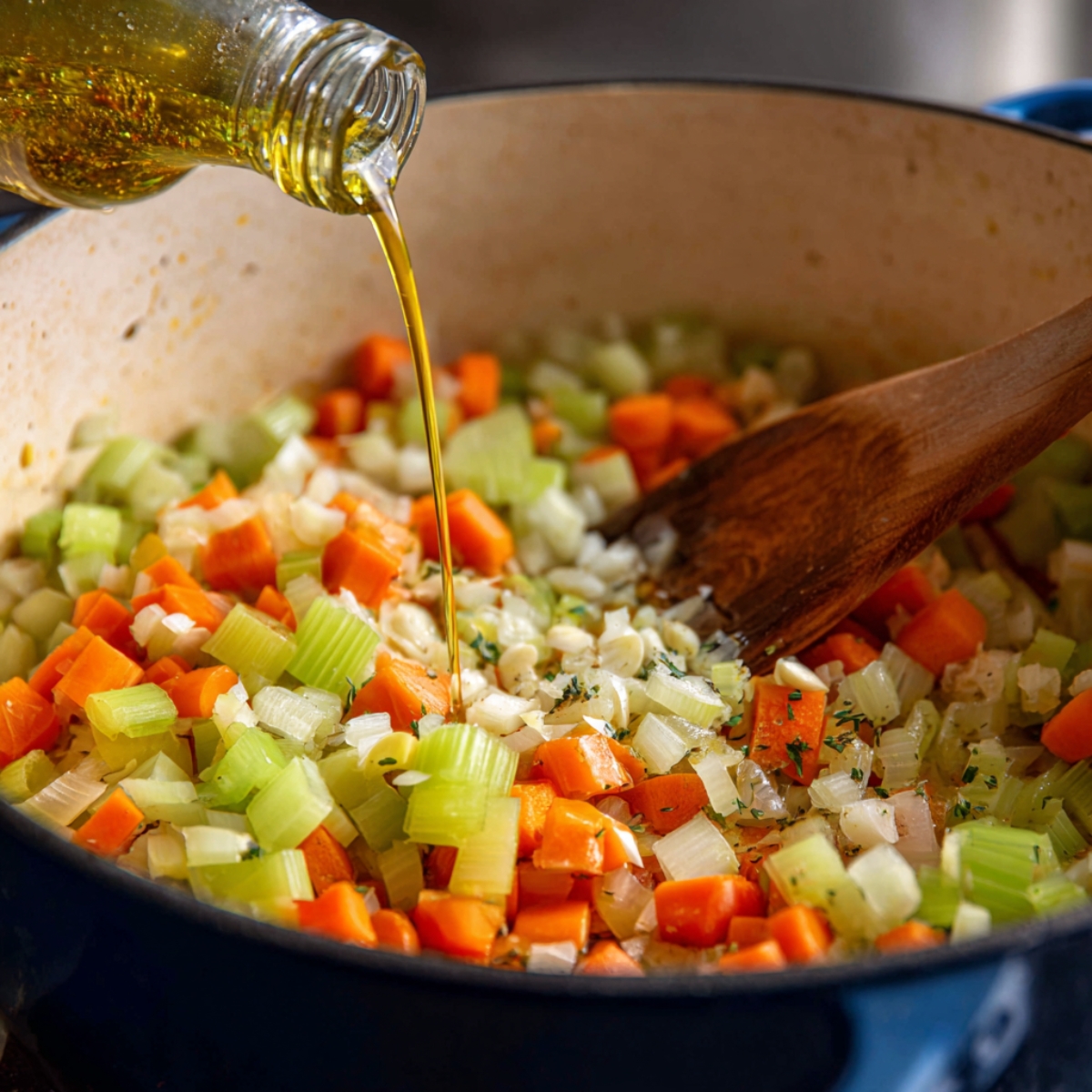 Close-up of chopped celery, carrots, and onions being sautéed in a Dutch oven. A stream of olive oil is being poured in while a wooden spoon stirs the vegetables for the soup base.