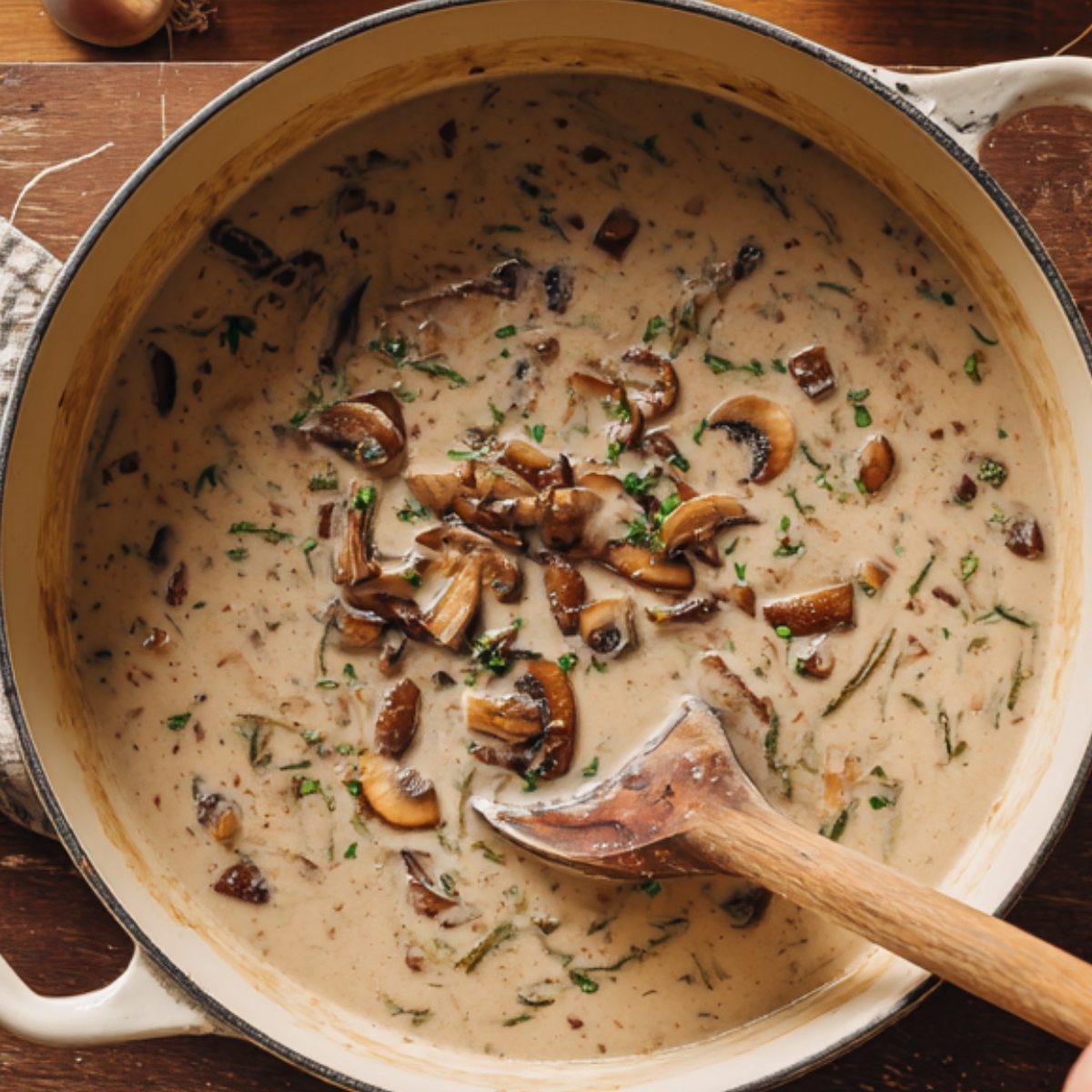 A pot of mushroom broth simmering with sliced mushrooms, bay leaves, and herbs.