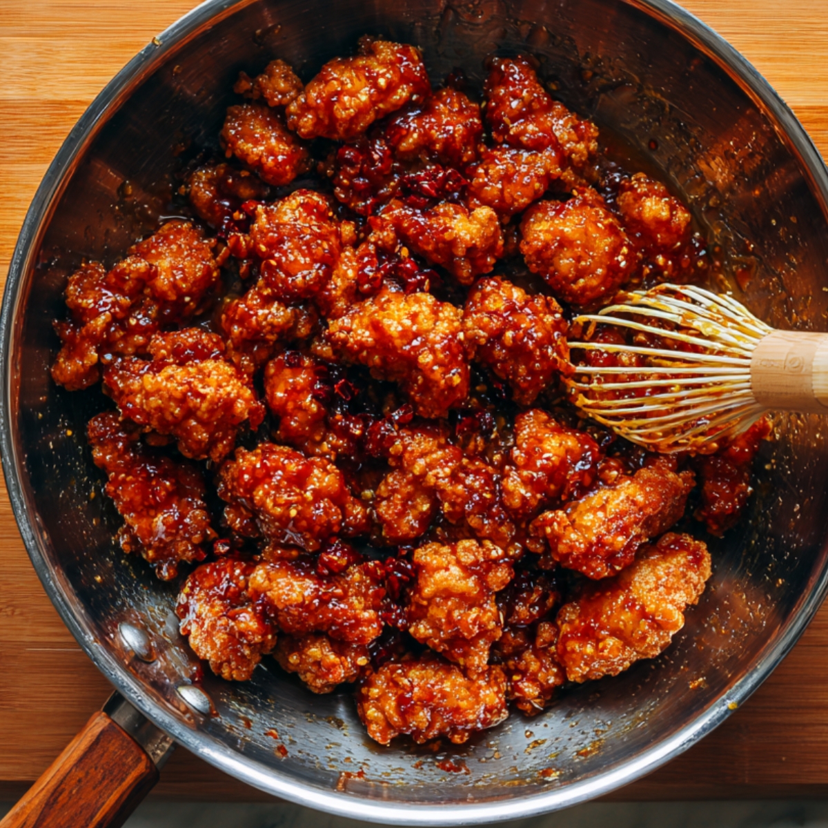A stainless steel pan filled with crispy fried chicken pieces coated in a glossy, reddish-brown bang bang sauce, with a hand whisking the sauce over the chicken.