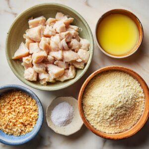 Bowls containing raw diced chicken, melted butter, seasoned breadcrumbs, panko, and salt arranged neatly on a marble countertop.