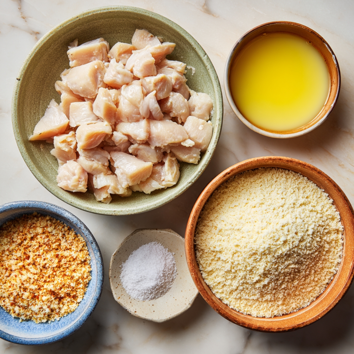 Bowls containing raw diced chicken, melted butter, seasoned breadcrumbs, panko, and salt arranged neatly on a marble countertop.
