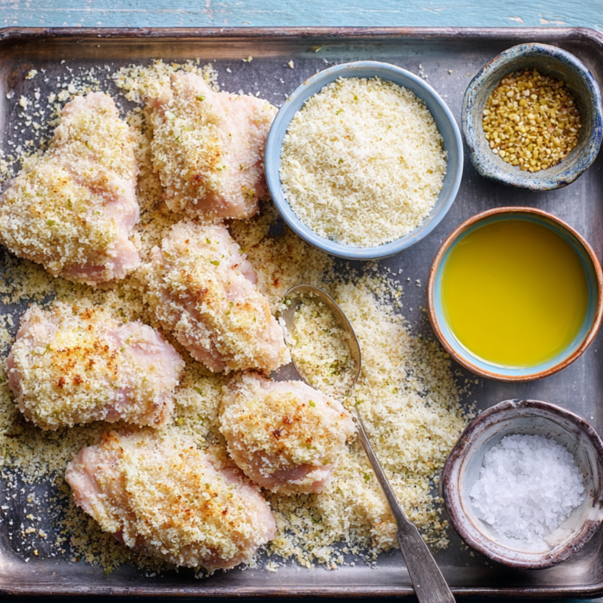 A plate of raw chicken fillets coated with panko breadcrumbs, with a hand sprinkling more crumbs over them.
