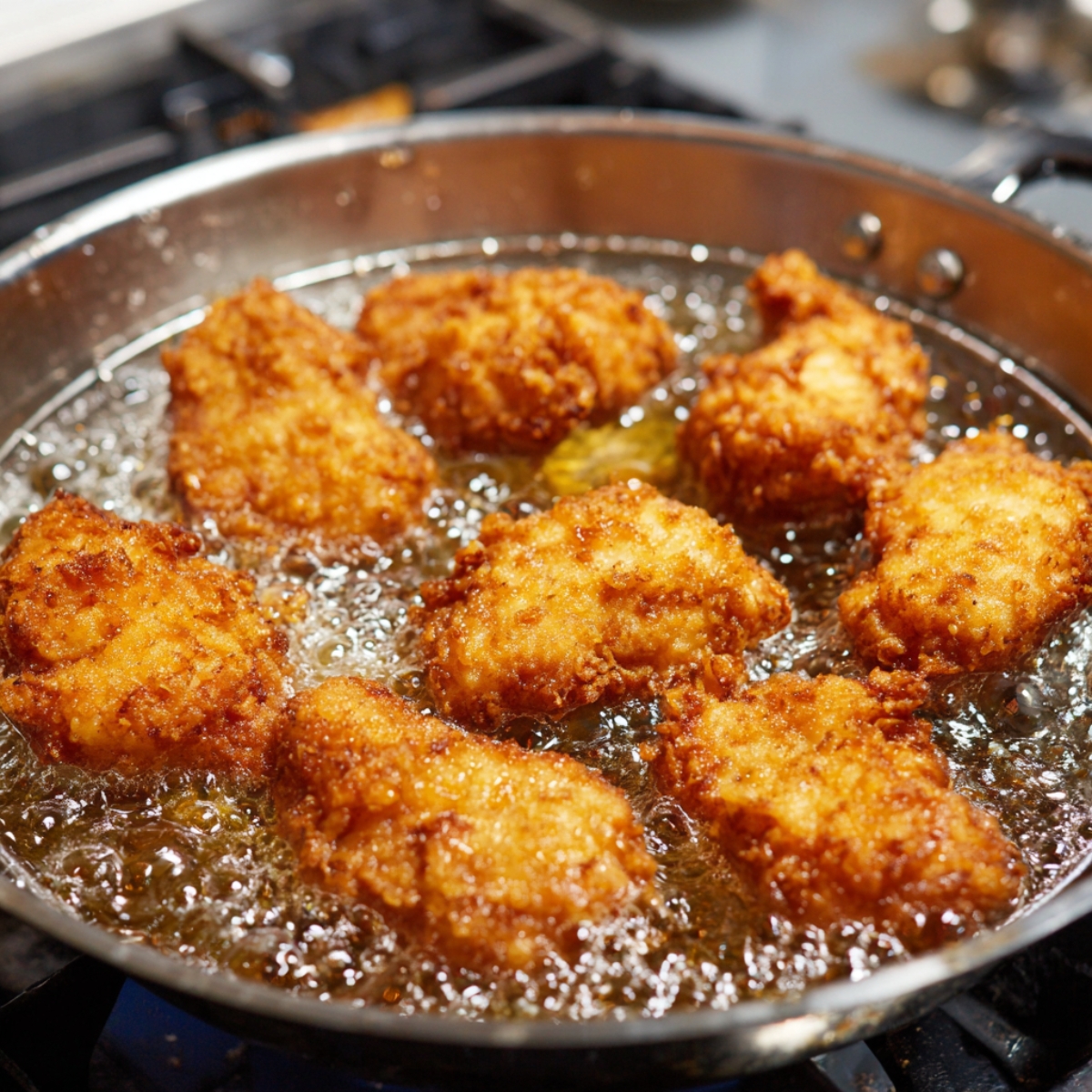 Several golden-brown breaded chicken pieces frying in hot bubbling oil inside a large skillet on a stovetop.