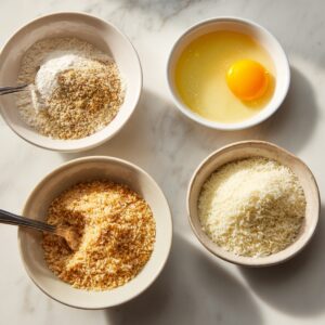 Four small bowls containing breading ingredients: seasoned flour, beaten egg, golden breadcrumbs, and grated Parmesan cheese.